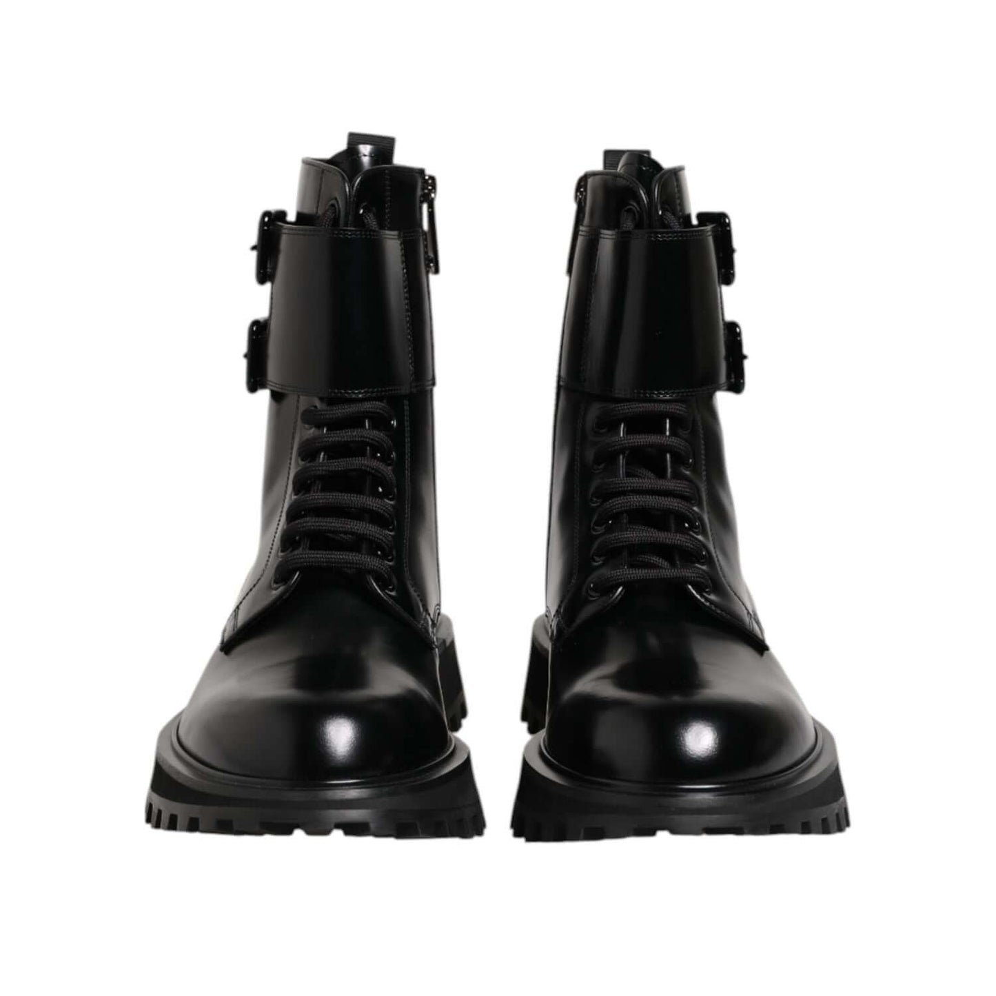 Dolce & Gabbana Black Leather Lace Up Mid Calf Boots Shoes