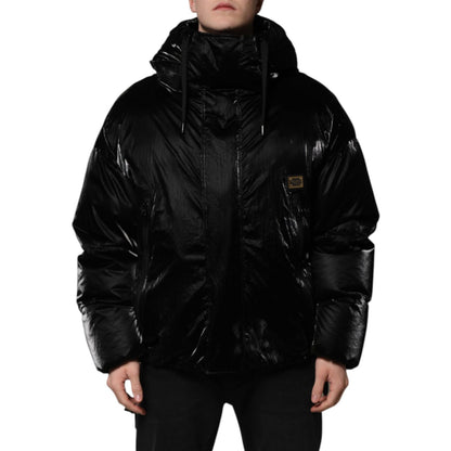 Dolce & Gabbana Black Logo Full Zip Hooded Quilted Jacket with nylon material and zipper closure, made in Italy for great fit and comfort.