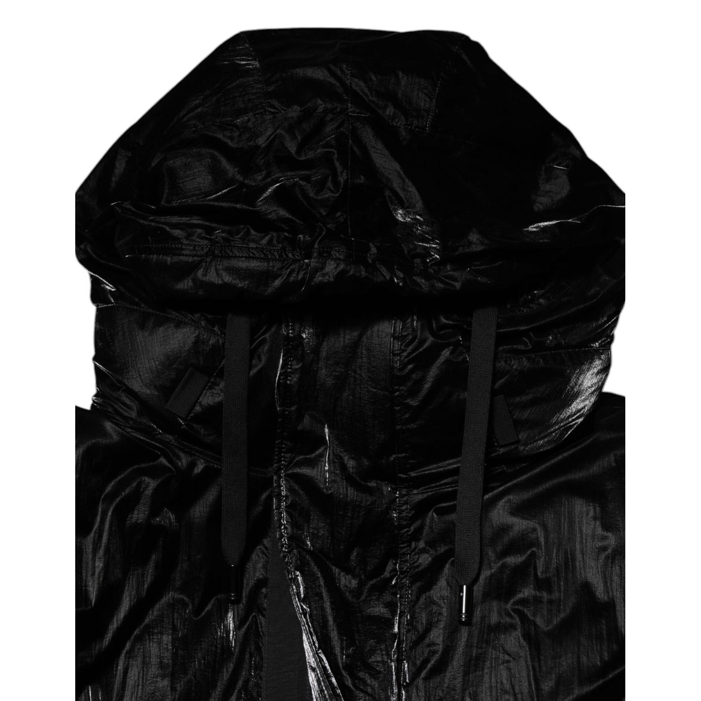 Dolce & Gabbana Black Logo Full Zip Hooded Quilted Jacket in shiny nylon, featuring a zipper closure and hood.