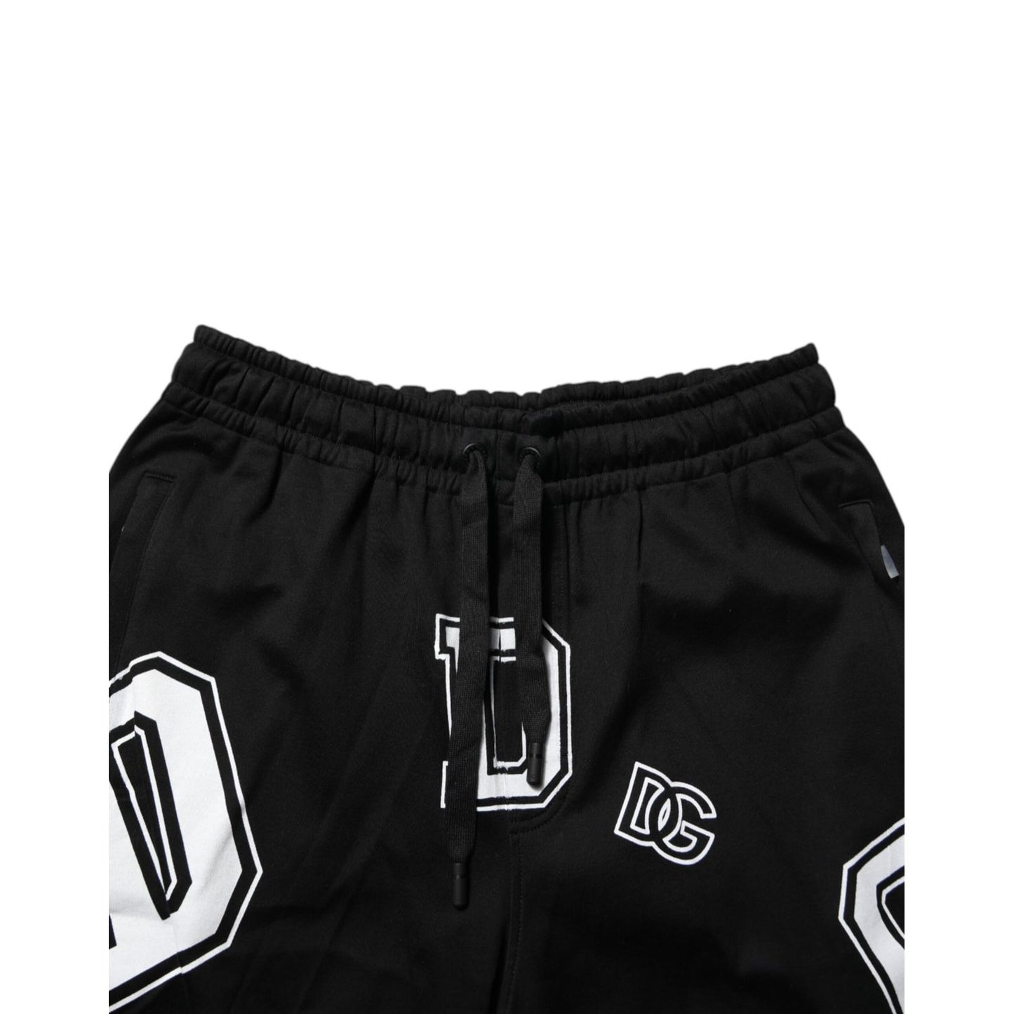 Dolce & Gabbana Black Logo Print Cotton Casual Bermuda Short with stylish white logo design, featuring drawstring closure.