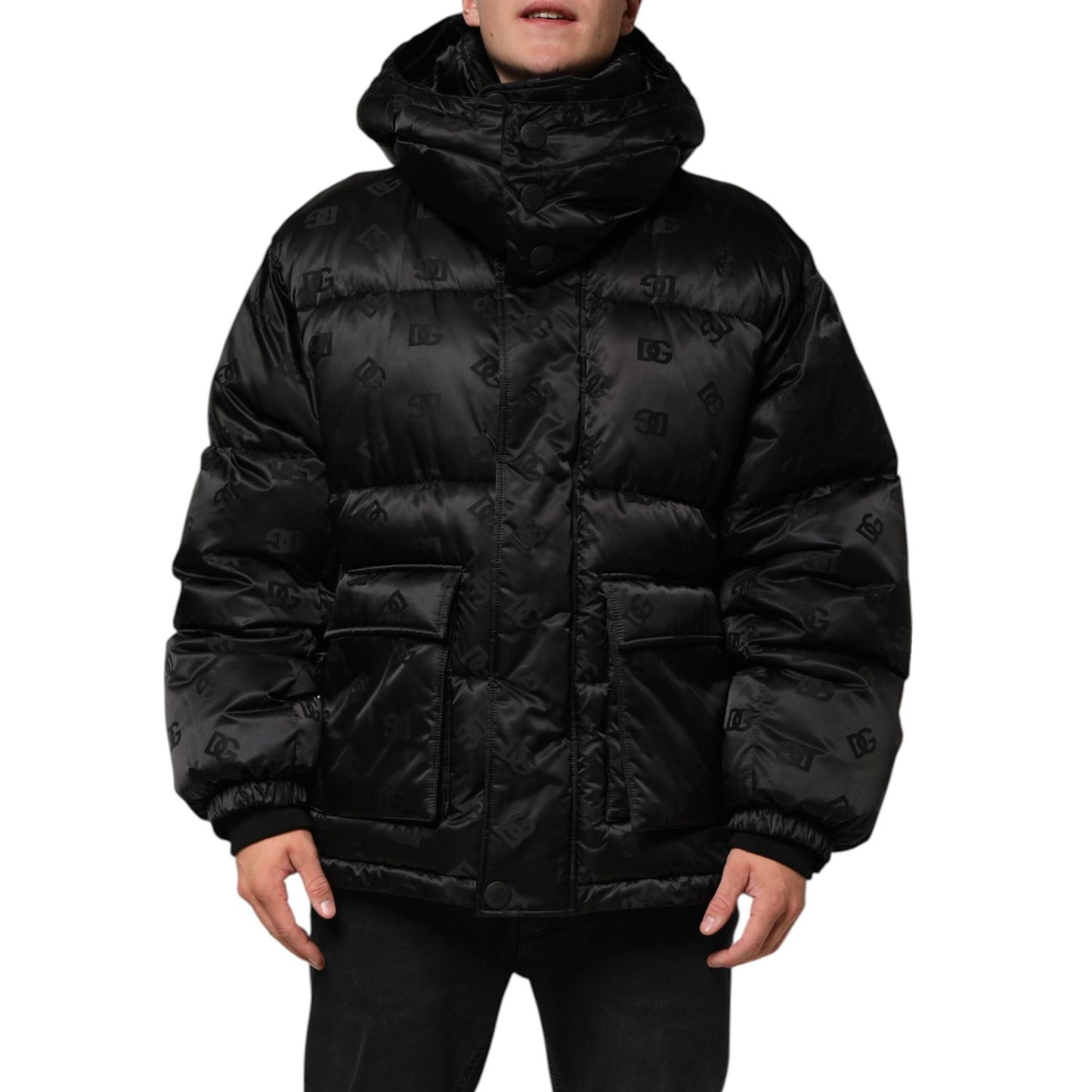 Dolce & Gabbana Black Monogram Logo Puffer Nylon Hooded Jacket