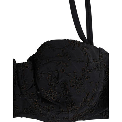 Dolce & Gabbana Black Polyester Embroidered Underwire Bra Underwear with floral design and high-quality craftsmanship, made in Italy.