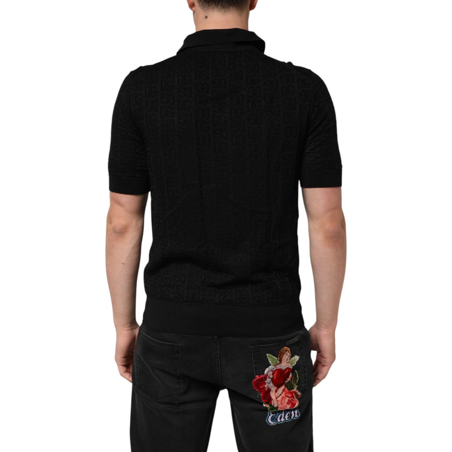 Back view of Dolce & Gabbana Black Silk Jacquard DG Polo Shirt T-shirt with monogram pattern and polo collar.