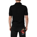 Back view of Dolce & Gabbana Black Silk Jacquard DG Polo Shirt T-shirt with monogram pattern and polo collar.