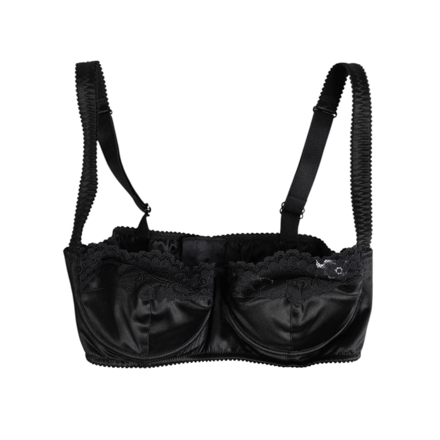 Dolce & Gabbana Black Silk Underwired Balconette Bra Underwear with semi pad design, made in Italy, featuring logo details and four hook closure.