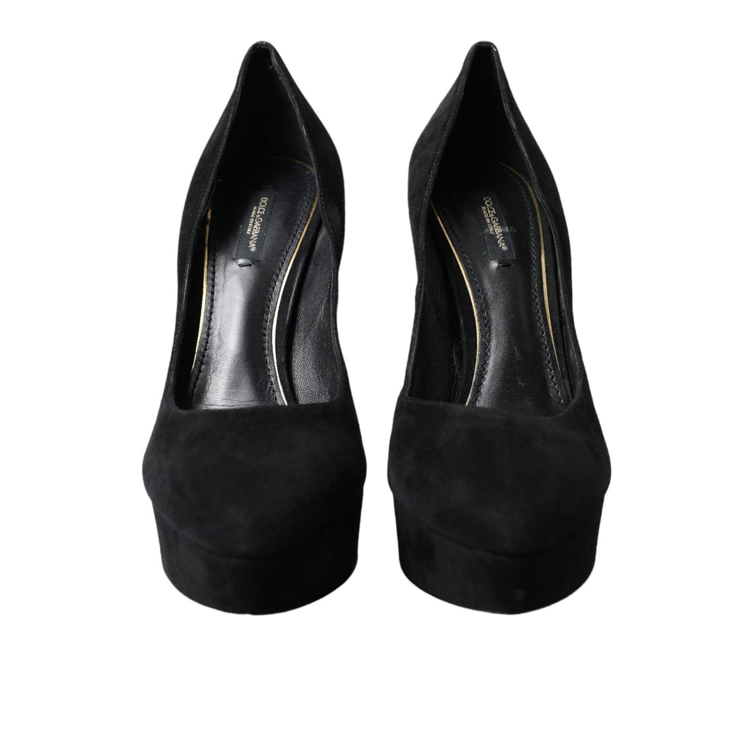 Dolce & Gabbana Black Suede Leather Platform Heel Pumps Shoes front view with high-quality finish and elegant design