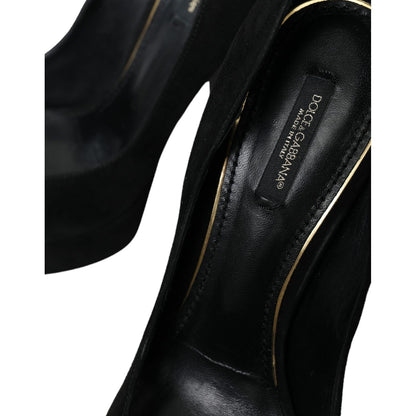 Dolce & Gabbana Black Suede Leather Platform Heel Pumps Shoes with embossed logo detail on leather insole, high-quality Italian craftsmanship.