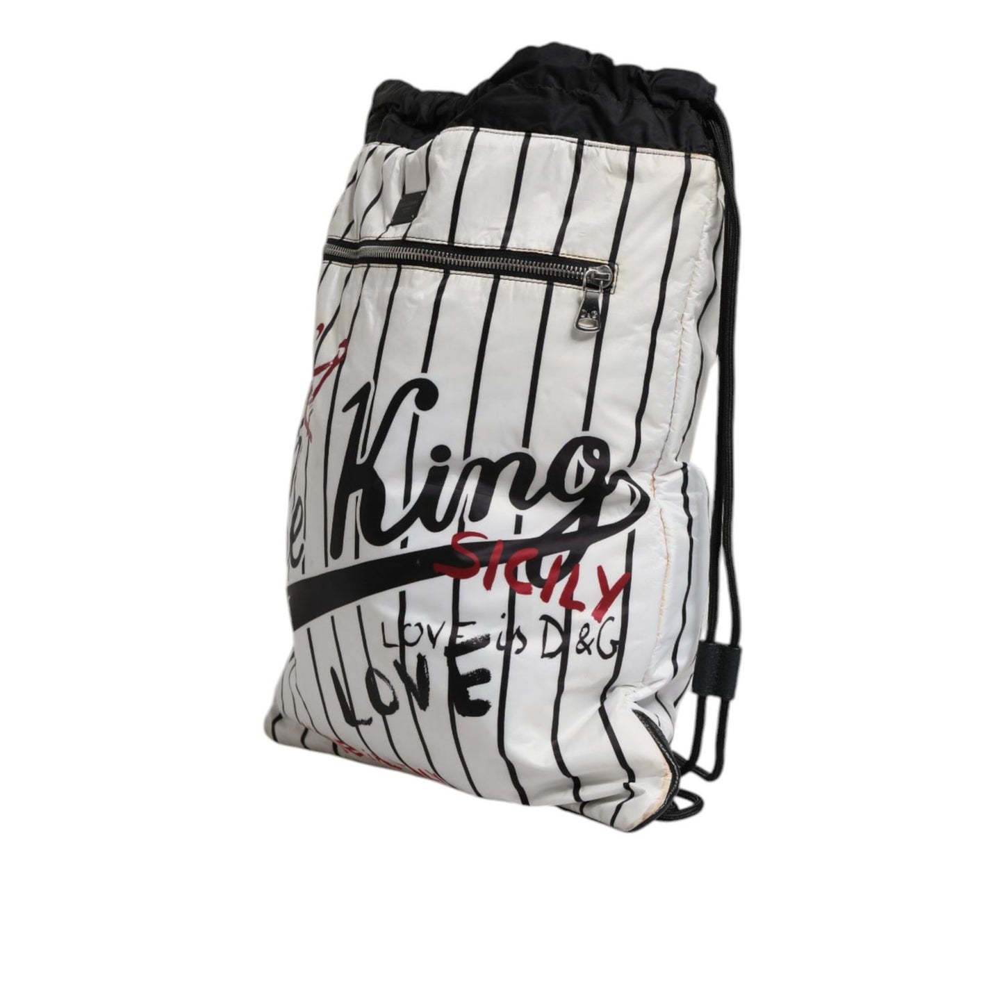 Dolce & Gabbana Black White Striped Polyester Drawstring Backpack Bag