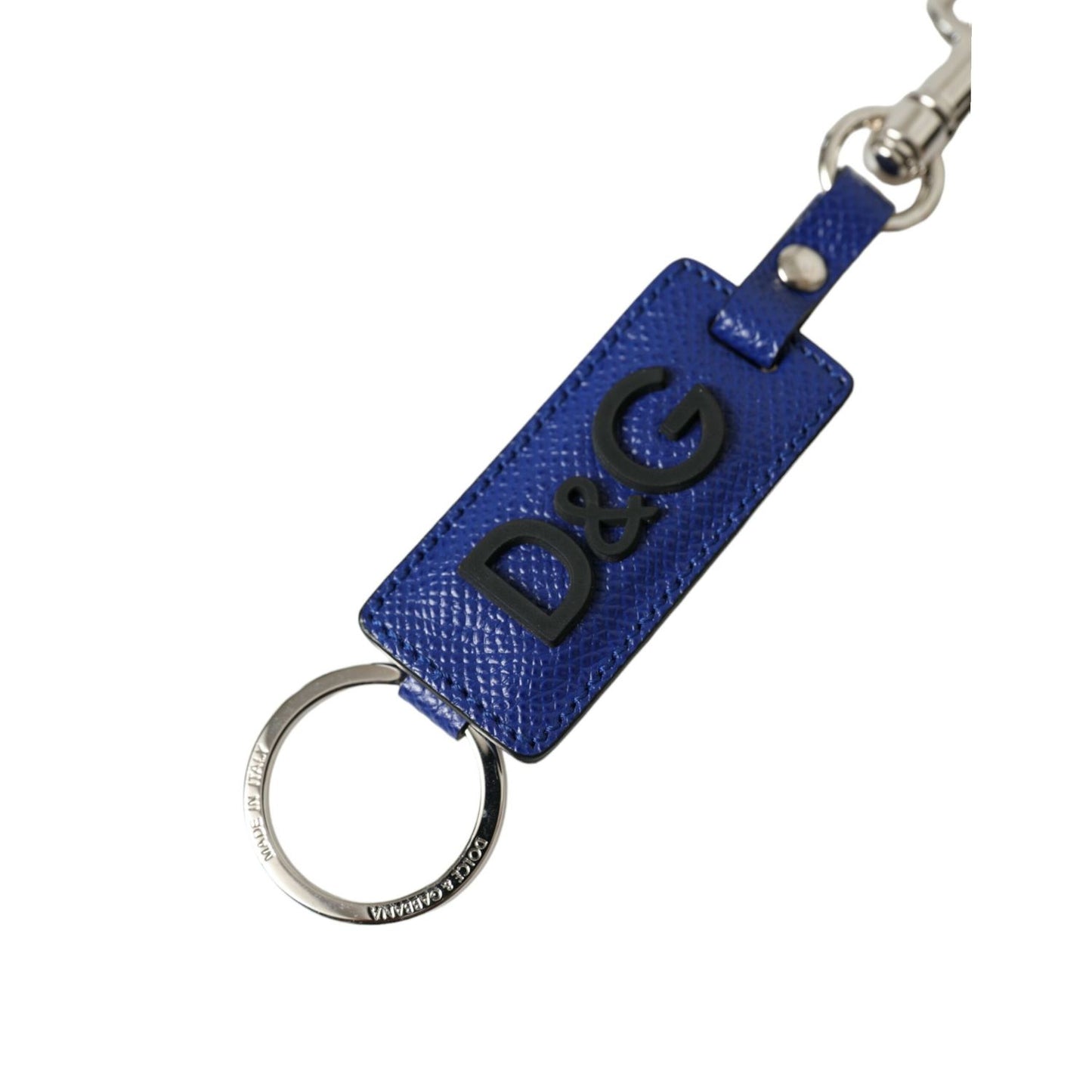 Dolce & Gabbana Blue Calf Leather DG Logo Silver Brass Keyring Keychain