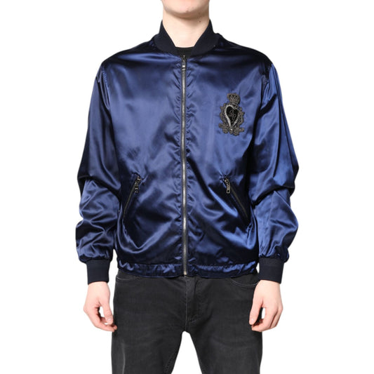 Dolce & Gabbana Blue Nylon DG Crown Full Zip Bomber Jacket