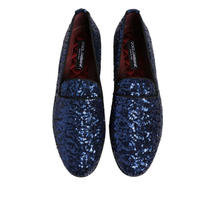 Dolce & Gabbana Blue Sequined Loafers Slippers Men Dress Shoes with shimmering sequins and sleek slip-on design, perfect for a statement look.