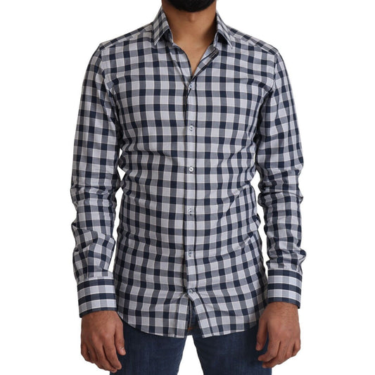 Dolce & Gabbana Blue White Check Cotton Slim Fit GOLD Shirt