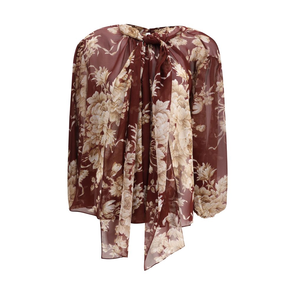 Dolce & Gabbana Bordeaux Silk Pattern Shirt with floral design and scarf detail for AW25.