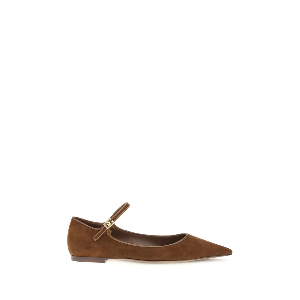 Dolce & Gabbana Brown Goatskin Ballet Flats with durable leather sole and luxury DG logo on display.
