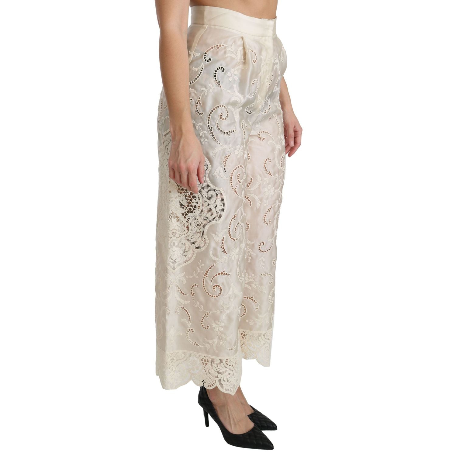 Dolce & Gabbana Cream Lace High Waist Palazzo Cropped Pants