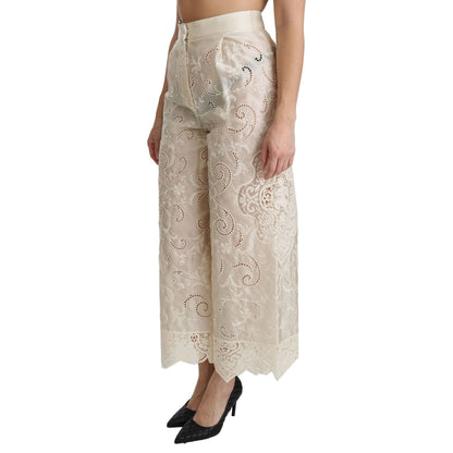 Dolce & Gabbana Cream Lace High Waist Palazzo Cropped Pants