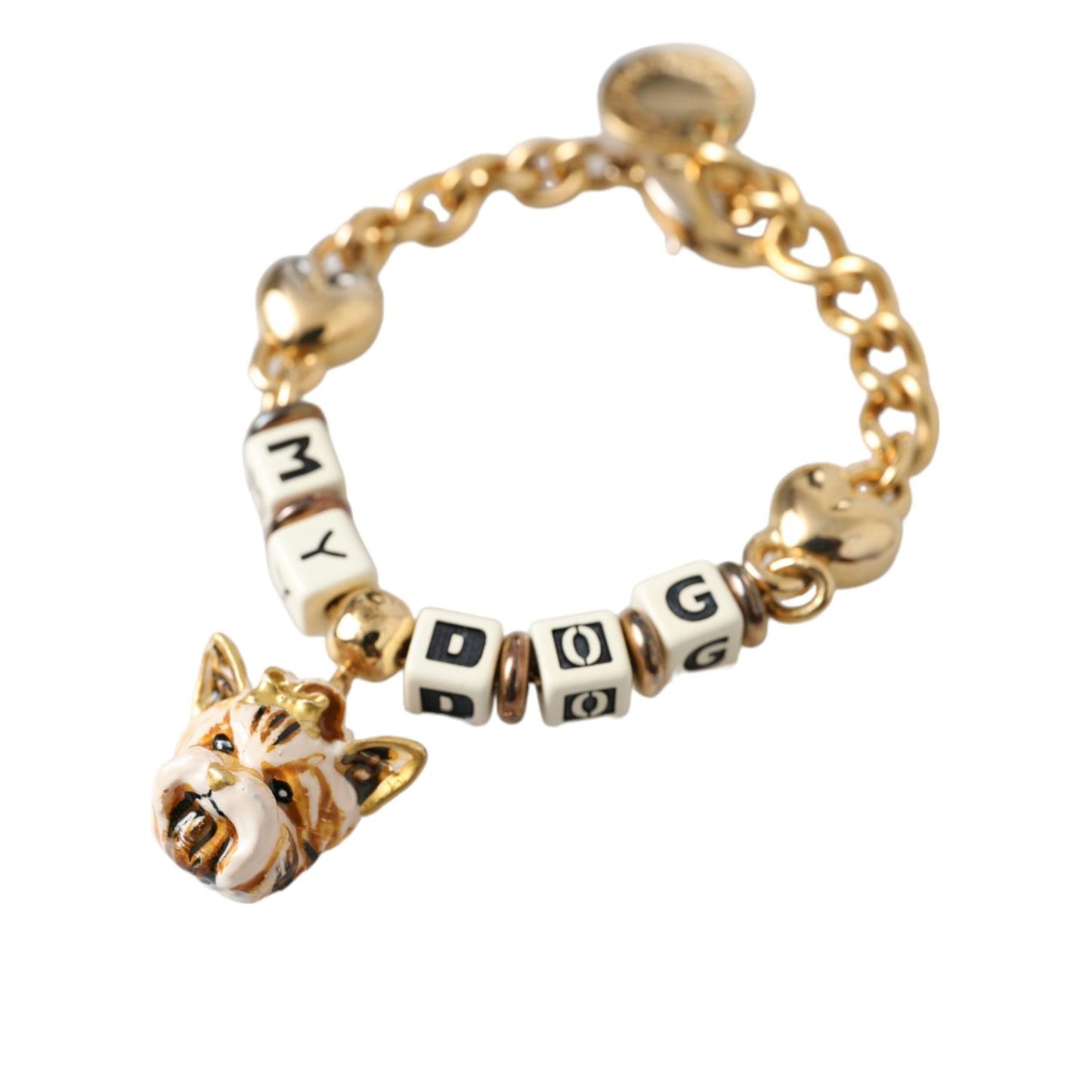 Dolce & Gabbana Gold Tone Brass Chain MY DOG Heart Bracelet with enamel dog face and charm, women's jewelry, 20cm, Italy.