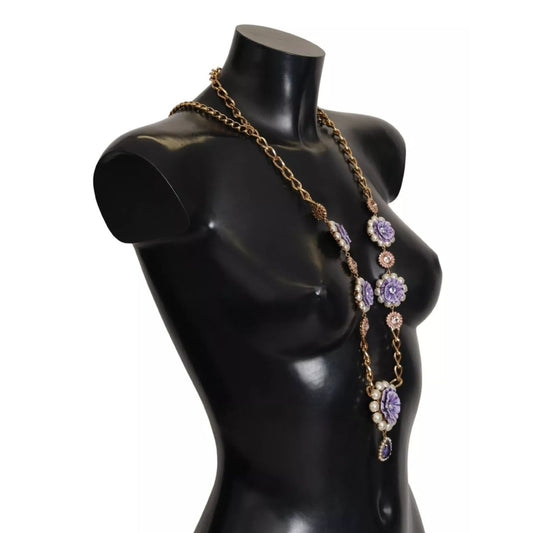 Dolce & Gabbana Gold Tone Floral Crystals Purple Embellished necklace displayed on a black mannequin.