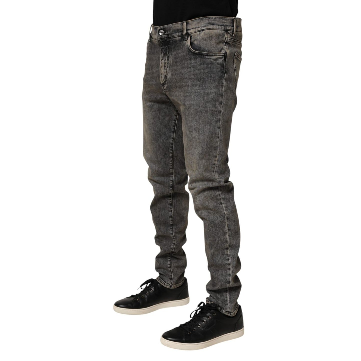 Dolce & Gabbana Gray Cotton Stretch Slim Fit Men Denim Jeans with classic five-pocket styling, perfect for smart-casual outfits.