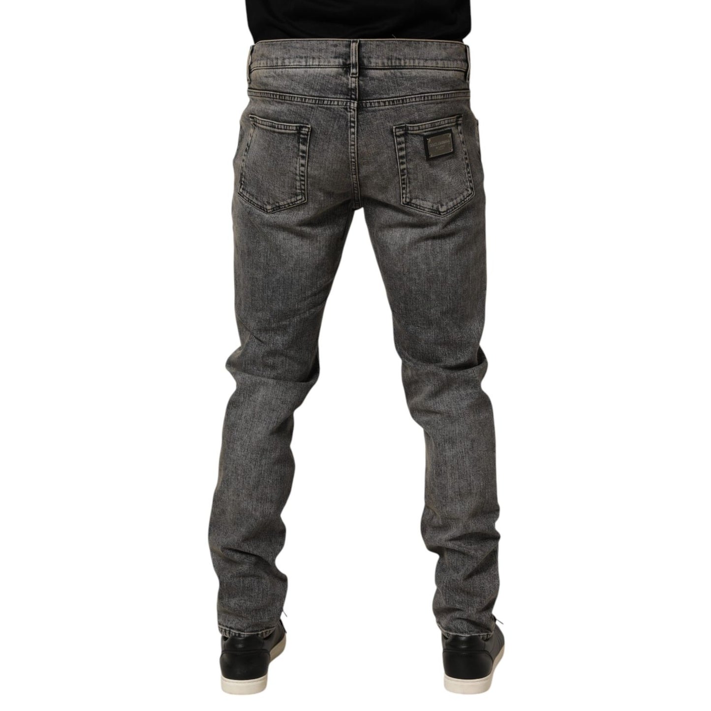 Back view of Dolce & Gabbana Gray Cotton Stretch Slim Fit Men Denim Jeans showcasing sleek modern silhouette and classic styling.