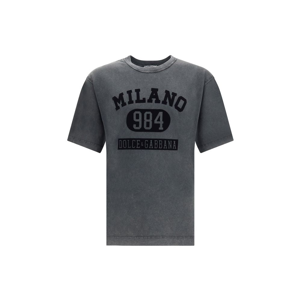 Dolce & Gabbana Gray Cotton T-Shirt with velvety logo and ribbed crew neck, designed for versatile casual wear. 100% cotton, AW25.