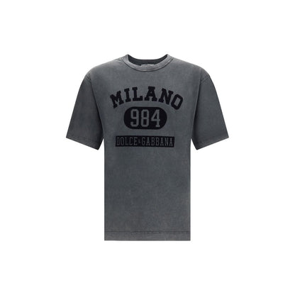 Dolce & Gabbana Gray Cotton T-Shirt with velvety logo and ribbed crew neck, designed for versatile casual wear. 100% cotton, AW25.