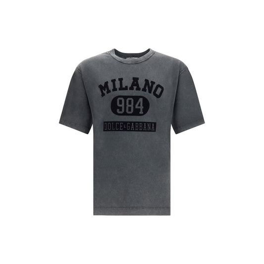 Dolce & Gabbana Gray Cotton T-Shirt with velvety logo and ribbed crew neck, designed for versatile casual wear. 100% cotton, AW25.