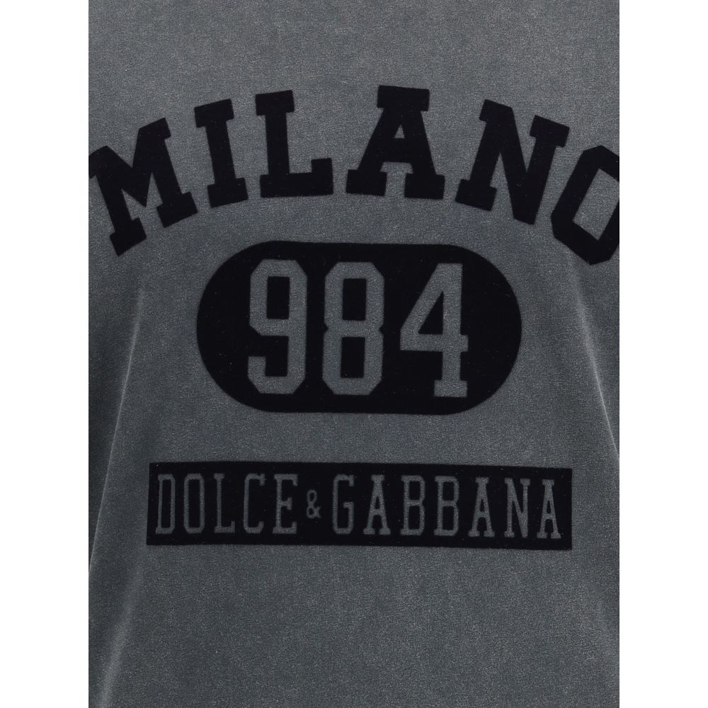 Dolce & Gabbana Gray Cotton T-Shirt featuring Milano 984 design with textured front logo and ribbed crew neck.