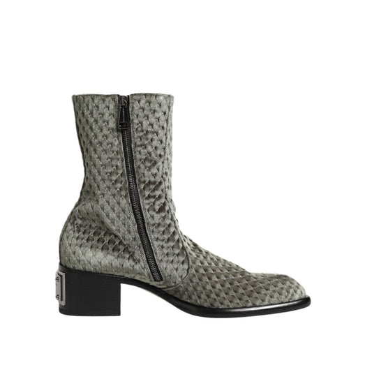 Dolce & Gabbana Gray Cotton Velvet Mid Calf Short Boots Shoes with textured design, side zipper, and elegant block heel.