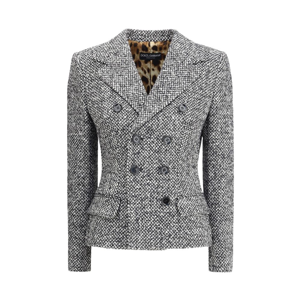 Dolce & Gabbana Gray Fleece Wool Blazer with leopard print interior and double-breasted design, featuring wide lapels and flap pockets.