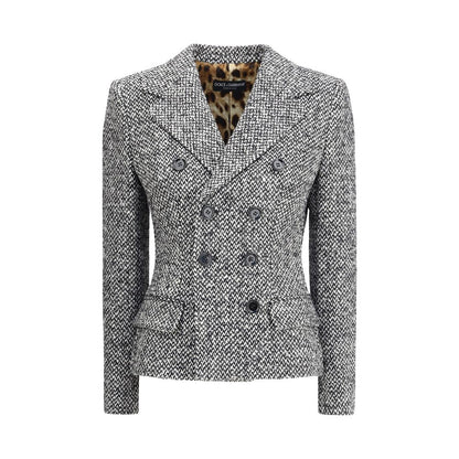 Dolce & Gabbana Gray Fleece Wool Blazer with leopard print interior and double-breasted design, featuring wide lapels and flap pockets.
