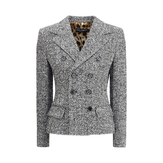 Dolce & Gabbana Gray Fleece Wool Blazer with leopard print interior and double-breasted design, featuring wide lapels and flap pockets.