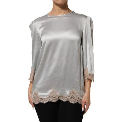 Dolce & Gabbana Gray Silk Satin Floral Lace Long Sleeve Top with delicate lace detailing and luxurious design.