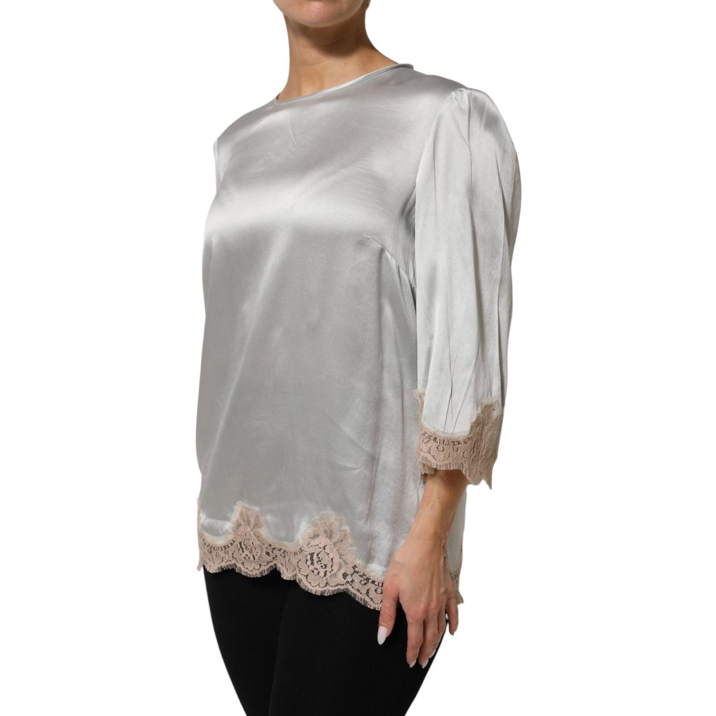 Dolce & Gabbana Gray Silk Satin Floral Lace Long Sleeve Top showcasing elegant design and luxurious fabric.