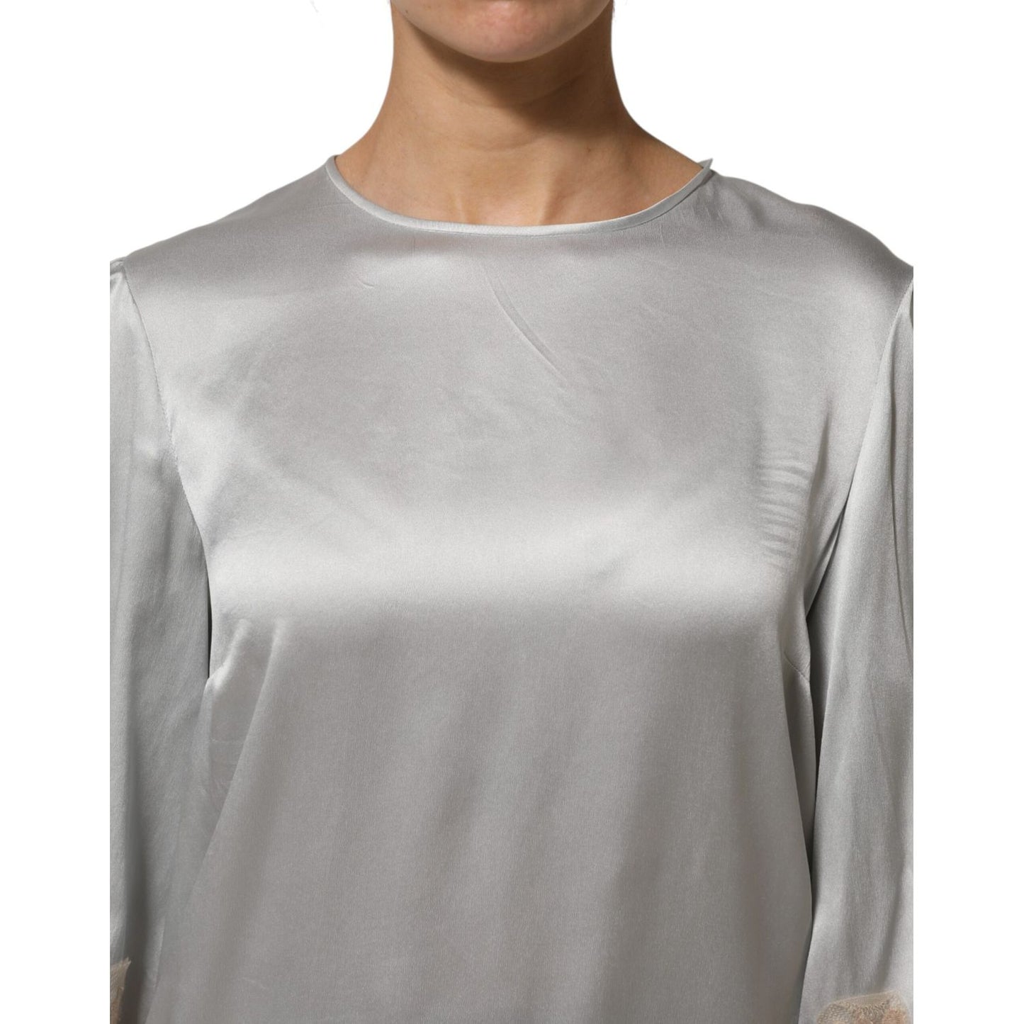 Dolce & Gabbana Gray Silk Satin Floral Lace Long Sleeve Top with round neck and delicate lace detailing.