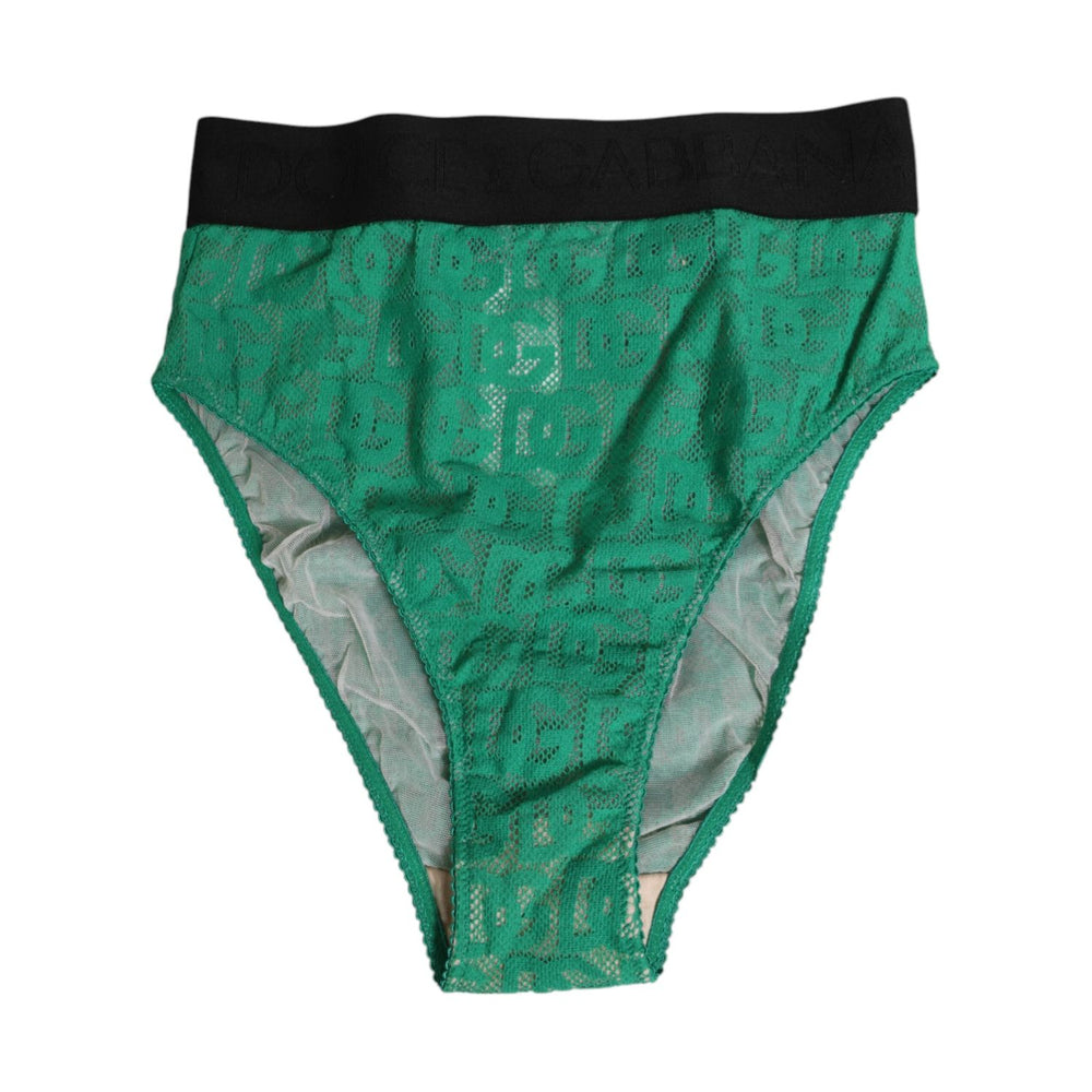 Dolce & Gabbana Green DG Logo Lace High Brief Panty Underwear with black waistband on white background