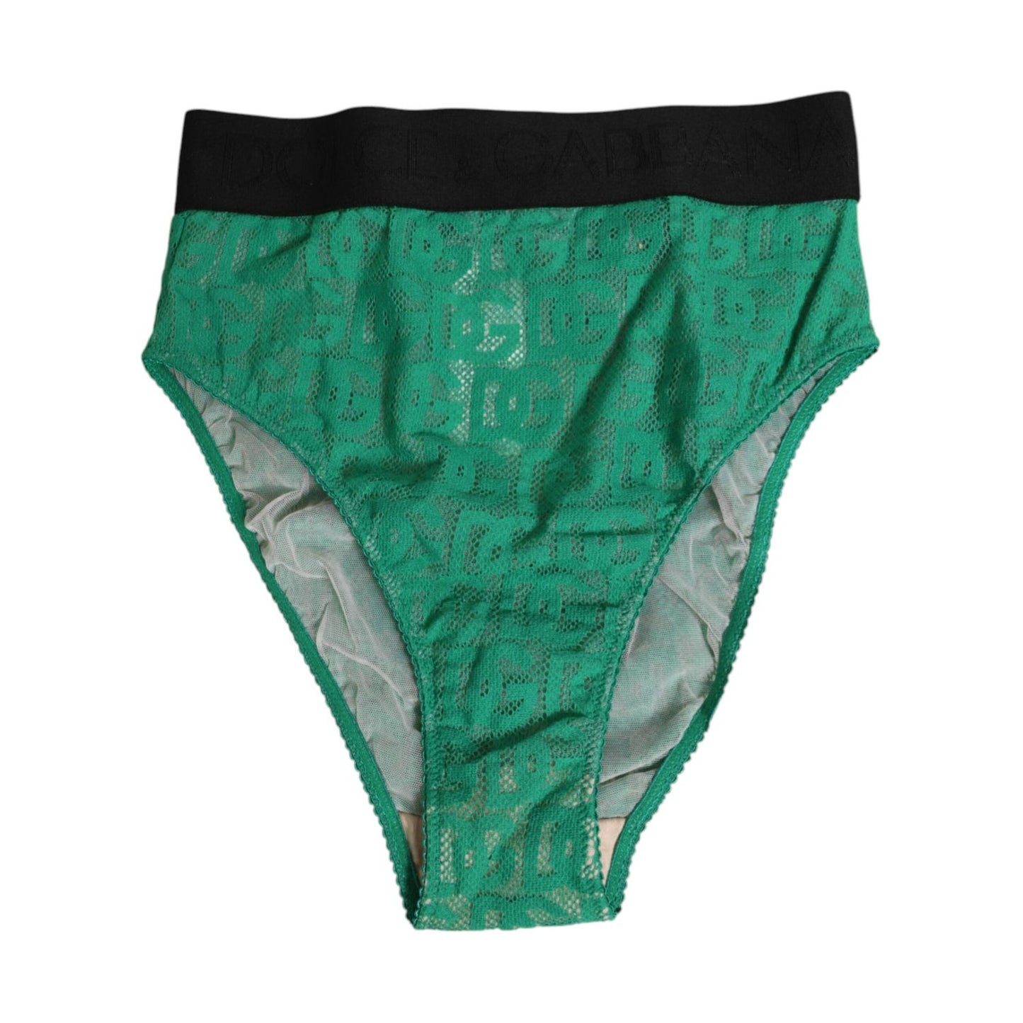 Dolce & Gabbana Green DG Logo Lace High Brief Panty Underwear with black waistband on white background