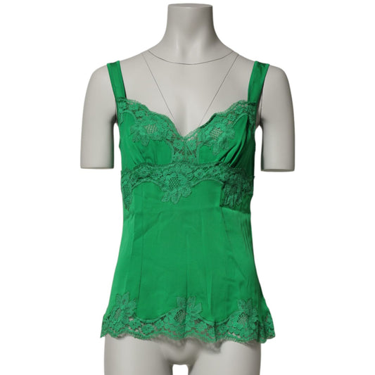 Dolce & Gabbana Green Floral Lace Tank Lingerie Top Underwear, silk material, sleeveless design, unique lace trim, luxury fashion.