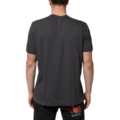 Dolce & Gabbana Grey Cotton V-Neck Logo Plaque Melange T-Shirt