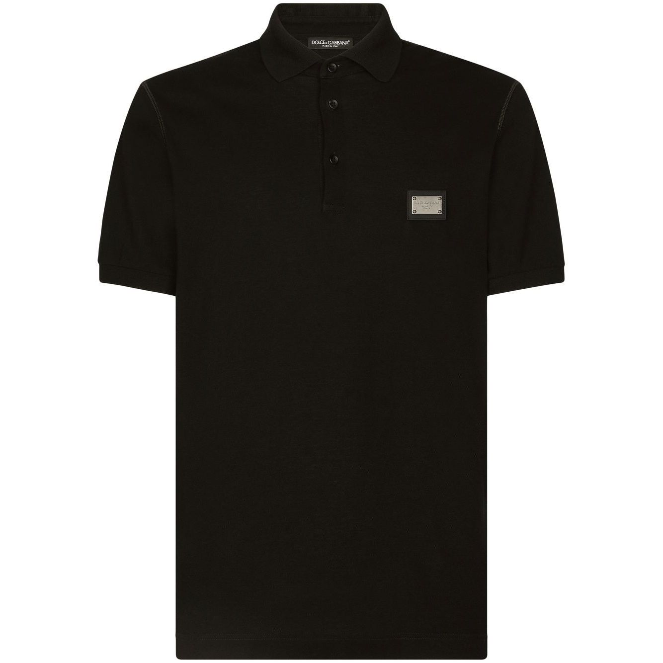 Dolce & Gabbana Logo cotton polo shirt in black with silver-tone logo plaque, short sleeves, and front button placket.