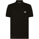 Dolce & Gabbana Logo cotton polo shirt in black with silver-tone logo plaque, short sleeves, and front button placket.
