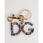 Dolce & Gabbana Multicolor Crystal DG Logo Gold Keychain Charm Keyring with lobster clasp on a white background.