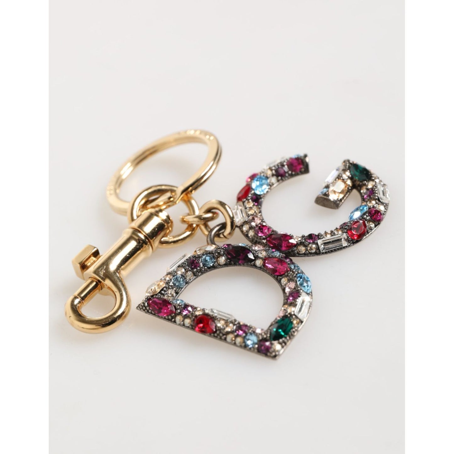 Dolce & Gabbana Multicolor Crystal DG Logo Gold Keychain Charm Keyring with lobster clasp on white background