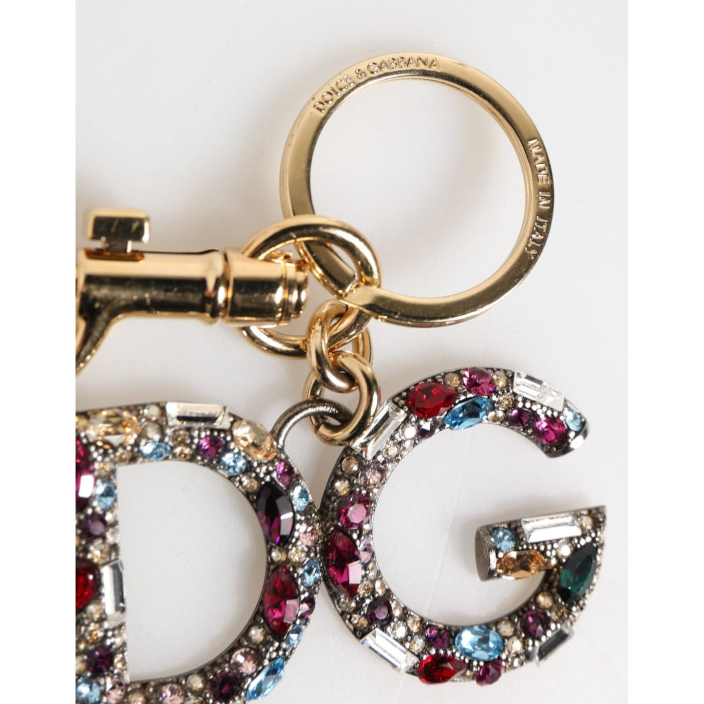Dolce & Gabbana Multicolor Crystal DG Logo Gold Keychain Charm Keyring with lobster clasp and sparkling design.