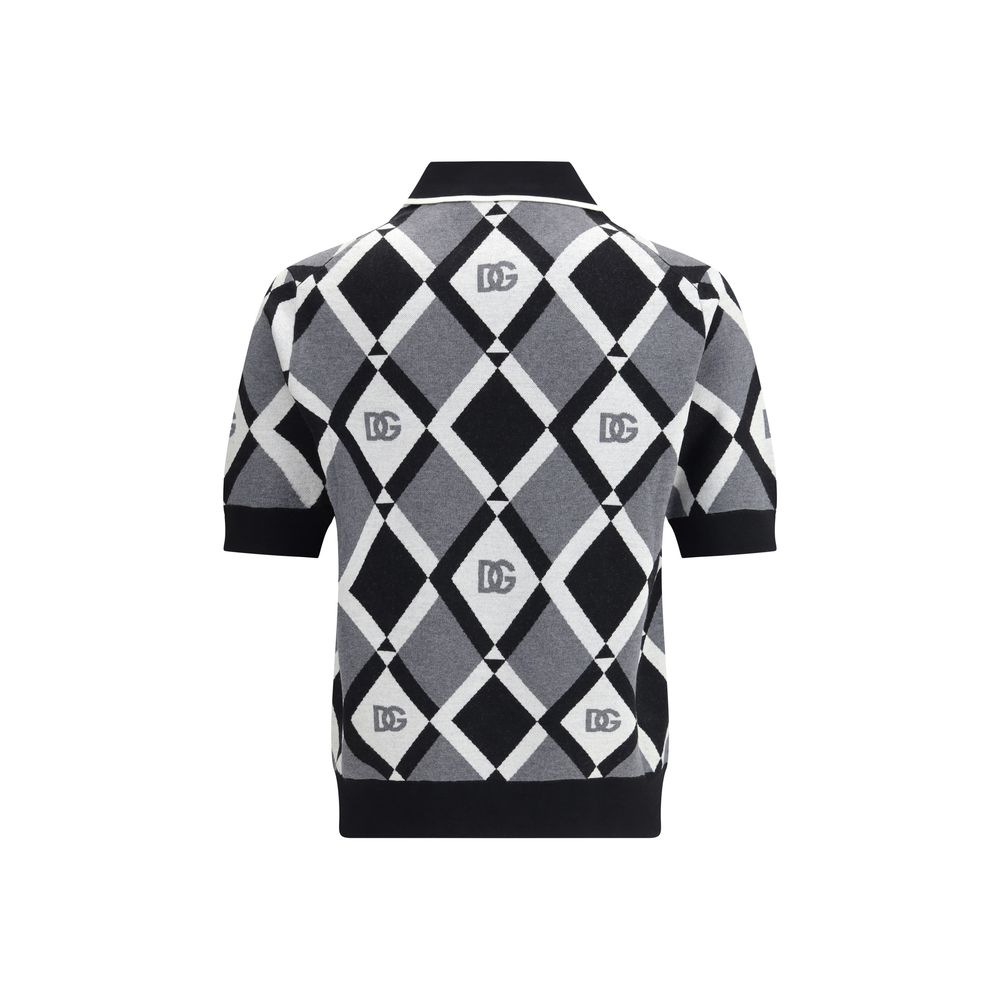 Dolce & Gabbana Multicolor Fleece Wool Polo Shirt with diamond knit pattern and integrated logos, featuring classic collar and ribbed hem.