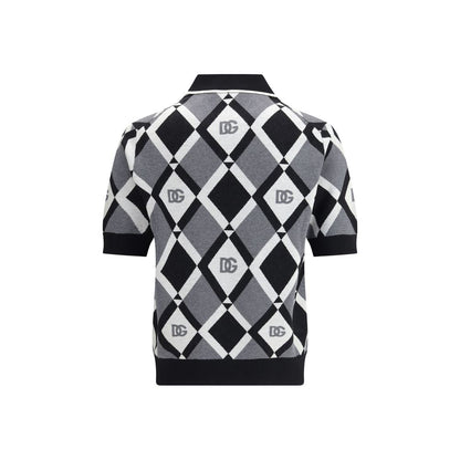 Dolce & Gabbana Multicolor Fleece Wool Polo Shirt with diamond knit pattern and integrated logos, featuring classic collar and ribbed hem.