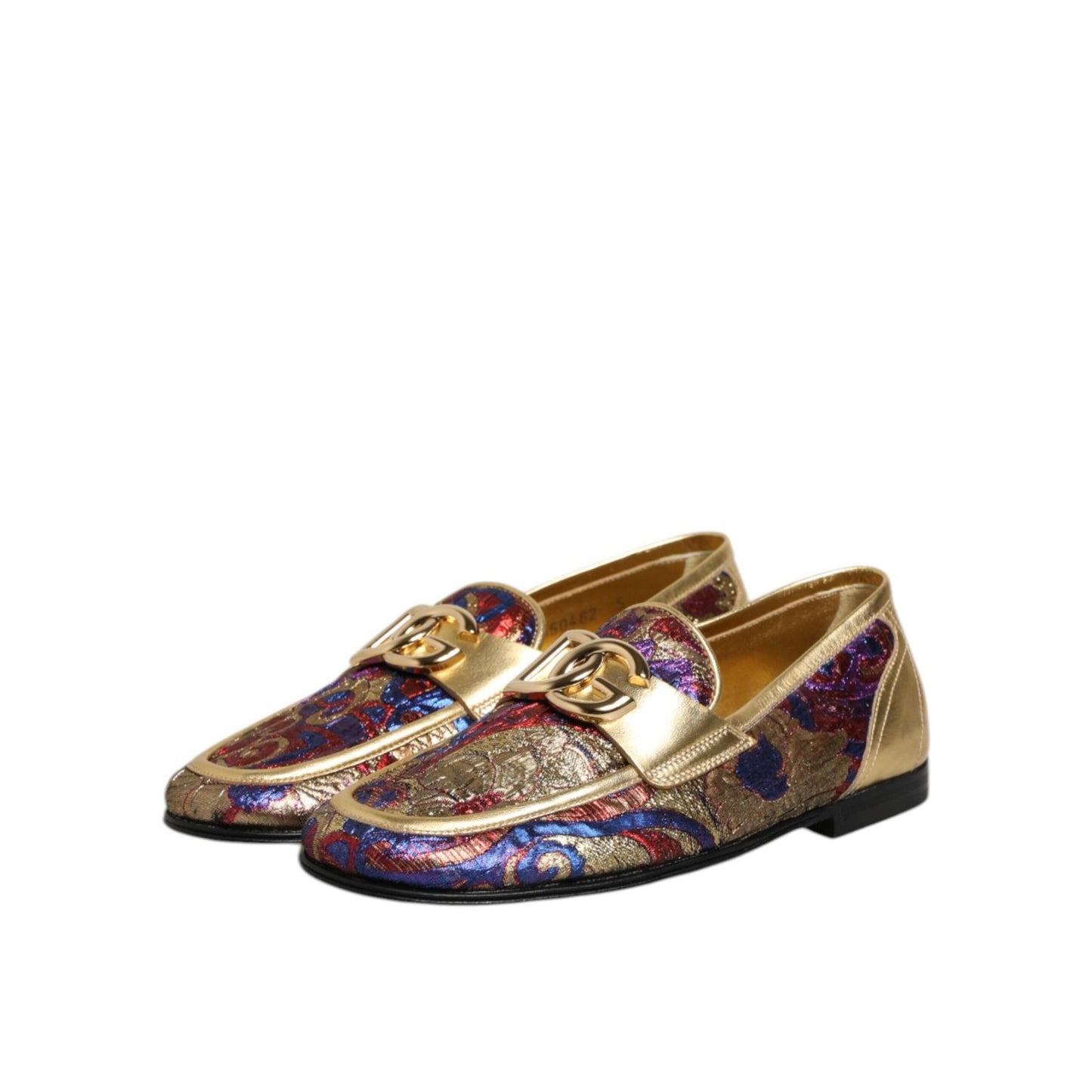 Dolce & Gabbana Multicolor Jacquard Gold DG Logo Loafer Shoes with intricate patterns and luxurious gold detailing.