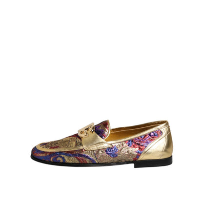 Dolce & Gabbana Multicolor Jacquard Gold DG Logo Loafer Shoes with intricate fabric and opulent design.