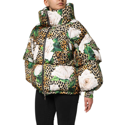 Dolce & Gabbana Multicolor Leopard Rose Puffer Quilted Jacket