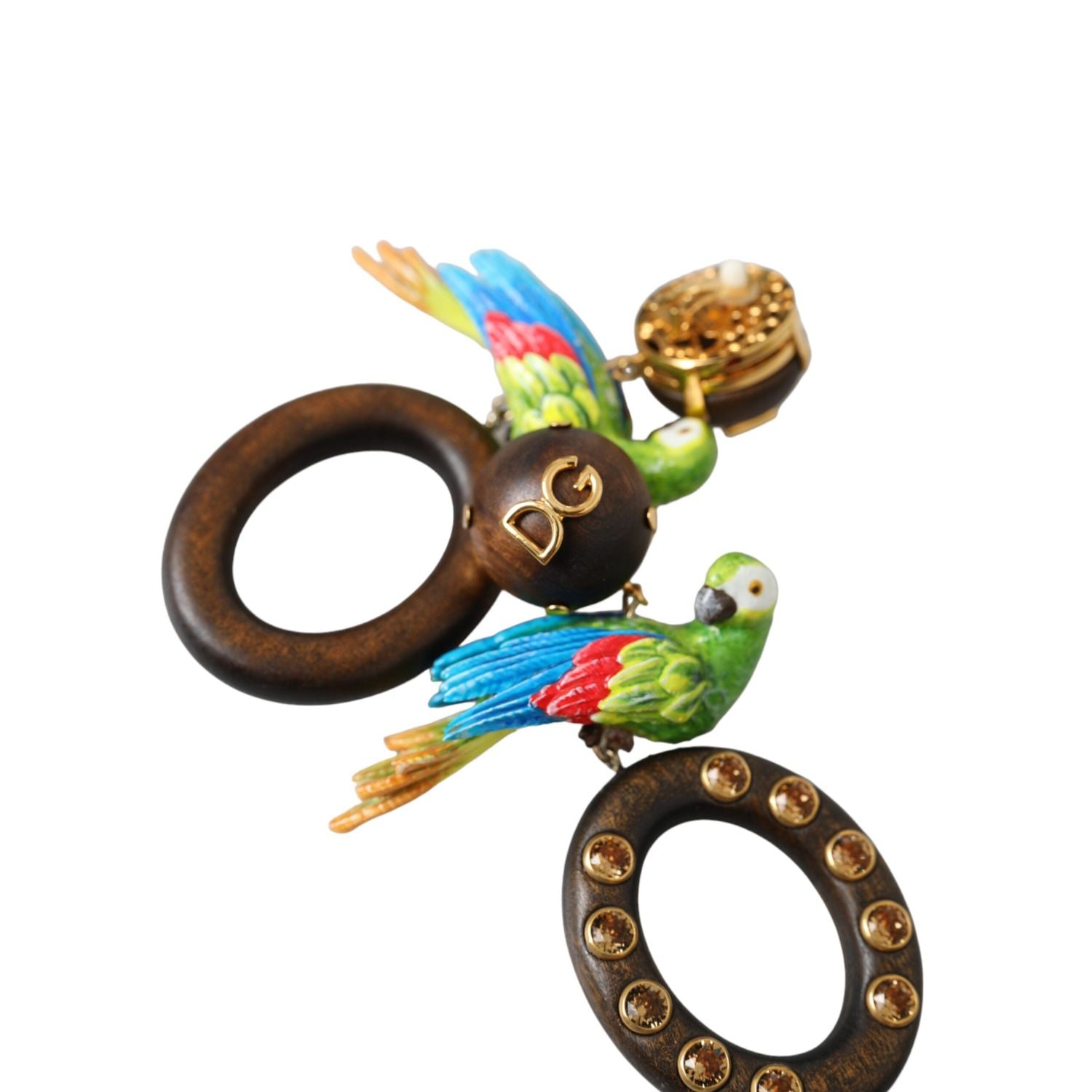 Dolce & Gabbana Multicolor Parrot Wood Brass Crystal Embellished Earrings